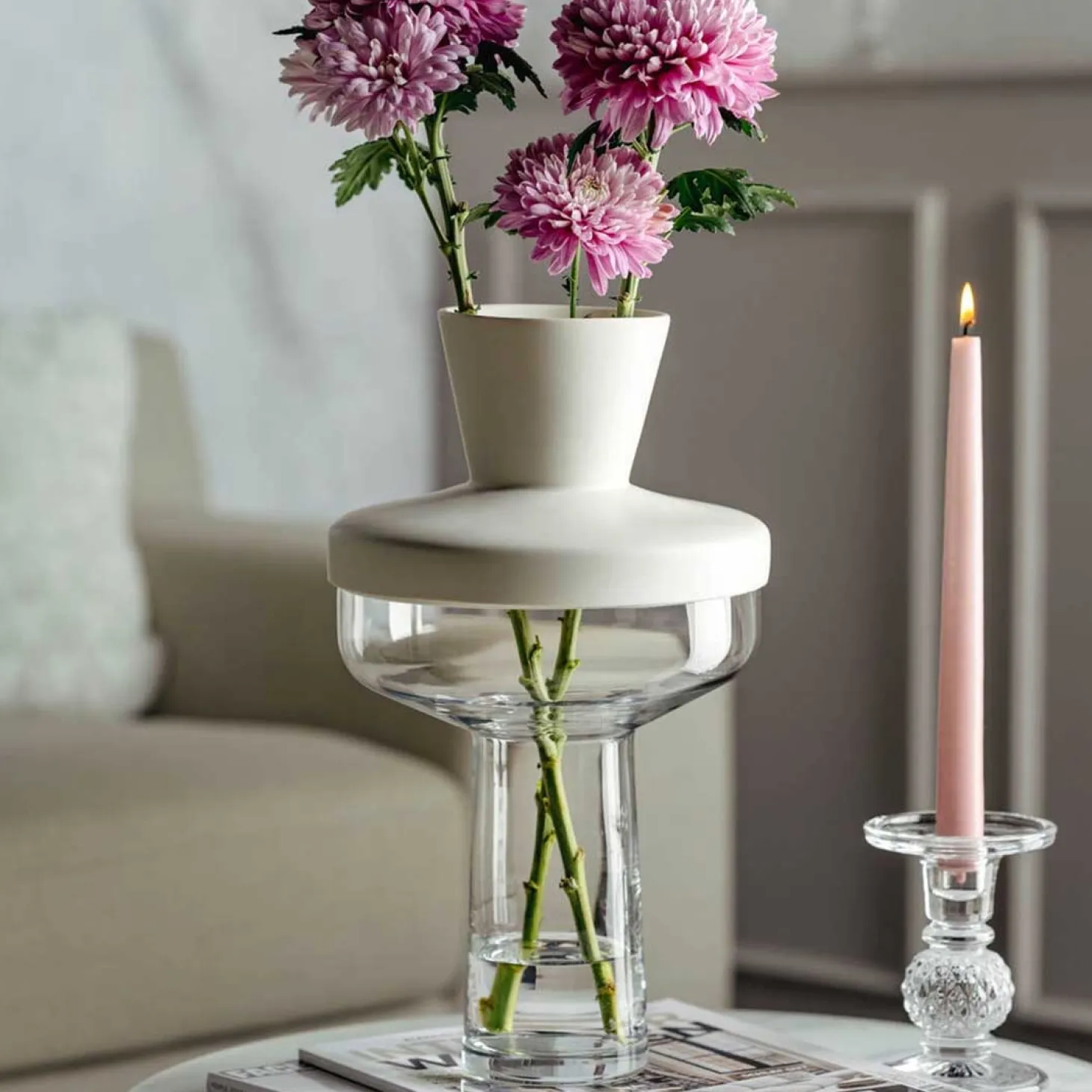 Vase RIVA mit Aufsatz 36 cm weiß