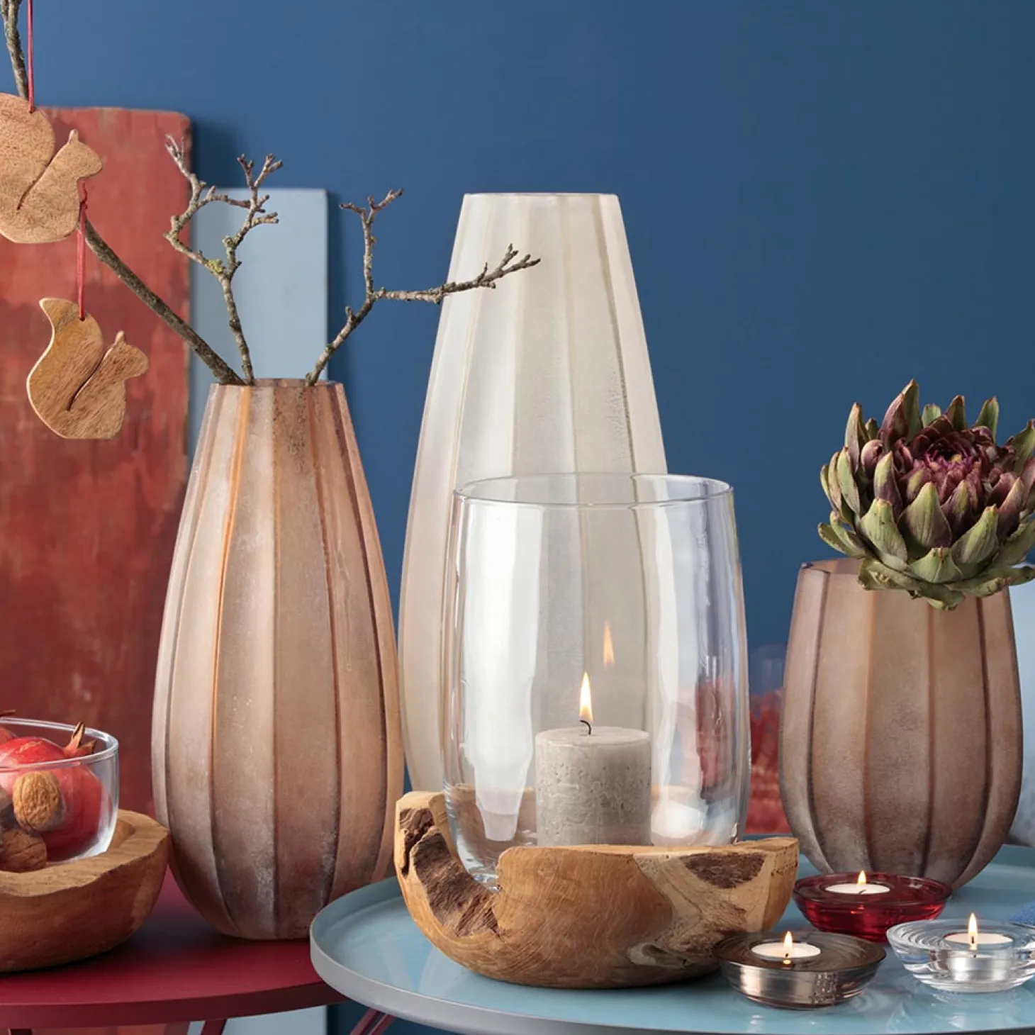 Windlicht TERRA 27 cm mit Teaksockel